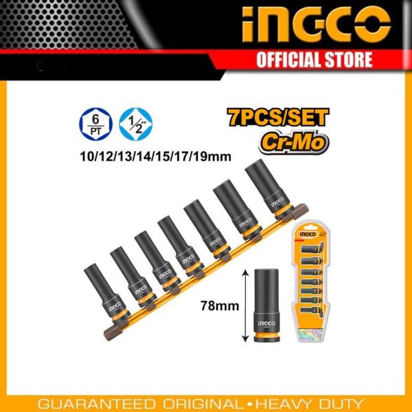 7 Pcs 1/2"DR. Deep
impact socket set HKISSD12072L | Company: INGCO | Origin: China