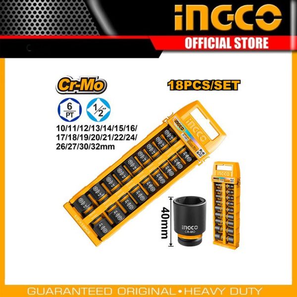 18 Pcs 1/2" DR.
Impact socket set HKISSD12186 | Company: INGCO | Origin: China