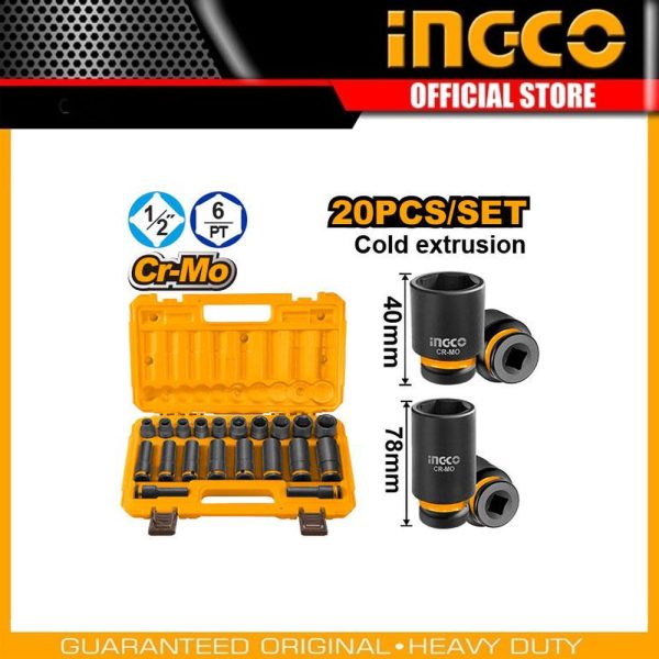 20 Pcs 1/2"Dr. Impact
socket set HKISSD12203L | Company: INGCO | Origin: China