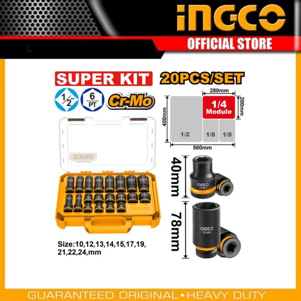 20 Pcs 1/2" DR.
Impact socket set HKISSD12206L | Company: INGCO | Origin: China
