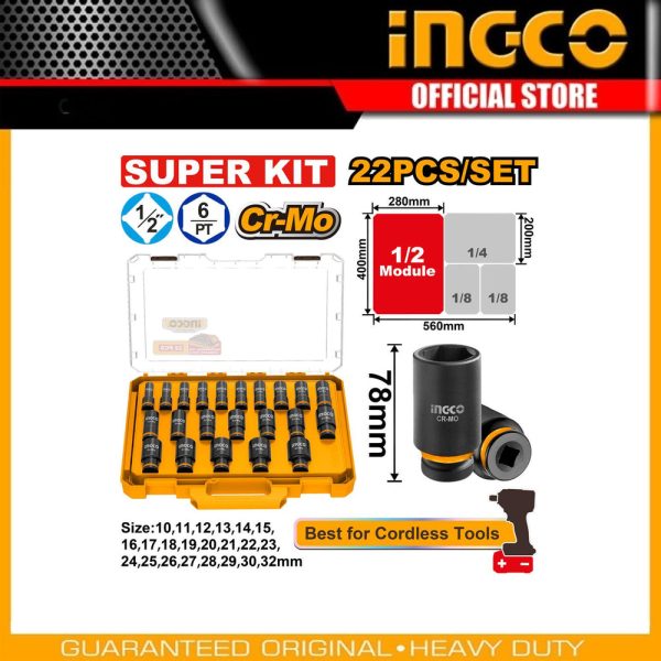22 Pcs 1/2" DR. Deep
impact socket set HKISSD12226L | Company: INGCO | Origin: China