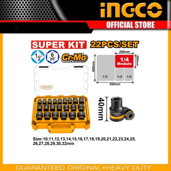 22 Pcs 1/2" DR.
Impact socket set HKISSD12226 | Company: INGCO | Origin: China